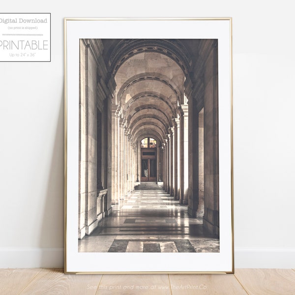 European Architecture Art Print with Repeating Stone Arches, Architecture Photography, Empty Corridor Photo