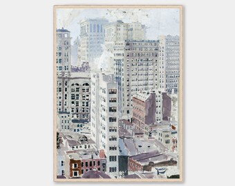 Neutral Cool Tones Cityscape Painting, Digital Download, Architecture City Scene Wall Art, Cityscape Painting
