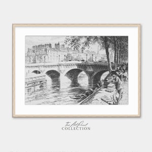 Antique European Cityscape with a Bridge Art Print, Vintage Architecture Sketch Art PRINTABLE