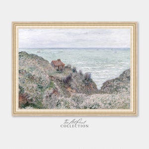 Vintage Seaside Landscape Painting, Antique Muted Green Wall Art, Digital PRINTABLE