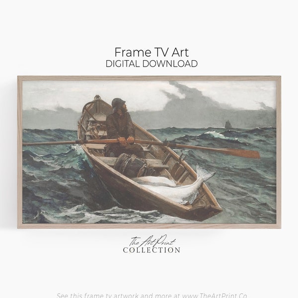 Moody Vintage Ocean Print for Frame TV, Antique Fisherman in Row Boat Painting Wall Art for Frame TV, Samsung Frame TV Art