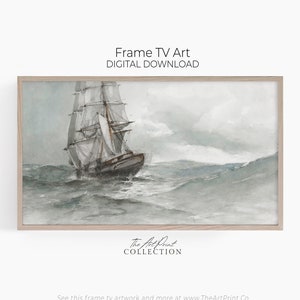 Muted Sailboat Vintage Painting for Frame TV, Antique Beach House Wall Art for Frame TV, Samsung Frame TV Art