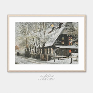 Print boerderijlandschap winter: humeurig donker decor (digitale download)