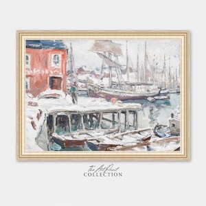 View of the Harbor Seascape Painting, Antique Maritime Landscape Wall Art, Digital PRINTABLE Downloadable