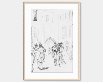 Antique Village and Figure Sketch, Minimalist Vintage Abstract Drawing Art Print, Black and White Art, Digital PRINTABLE