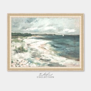Vintage Coastal Seaside Painting, Beach House Wall Art Decor, PRINTABLE