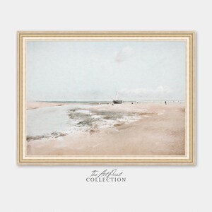 Muted Seascape Painting, Vintage Print Neutral Beach, Coastal Farmhouse, PRINTABLE