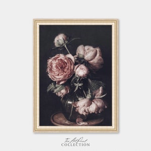 Moody Vintage Flower Print, Dark Floral Still Life Oil Painting, PRINTABLE Digital Antique Art