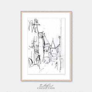 Antique Cityscape Sketch, Minimalist Vintage Abstract Drawing Art Print, Black and White Art, Digital PRINTABLE