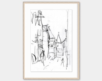 Antique Cityscape Sketch, Minimalist Vintage Abstract Drawing Art Print, Black and White Art, Digital PRINTABLE