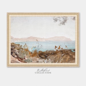 Vintage Seaside Landscape Painting, Antique Muted Aqua Wall Art, Digital PRINTABLE