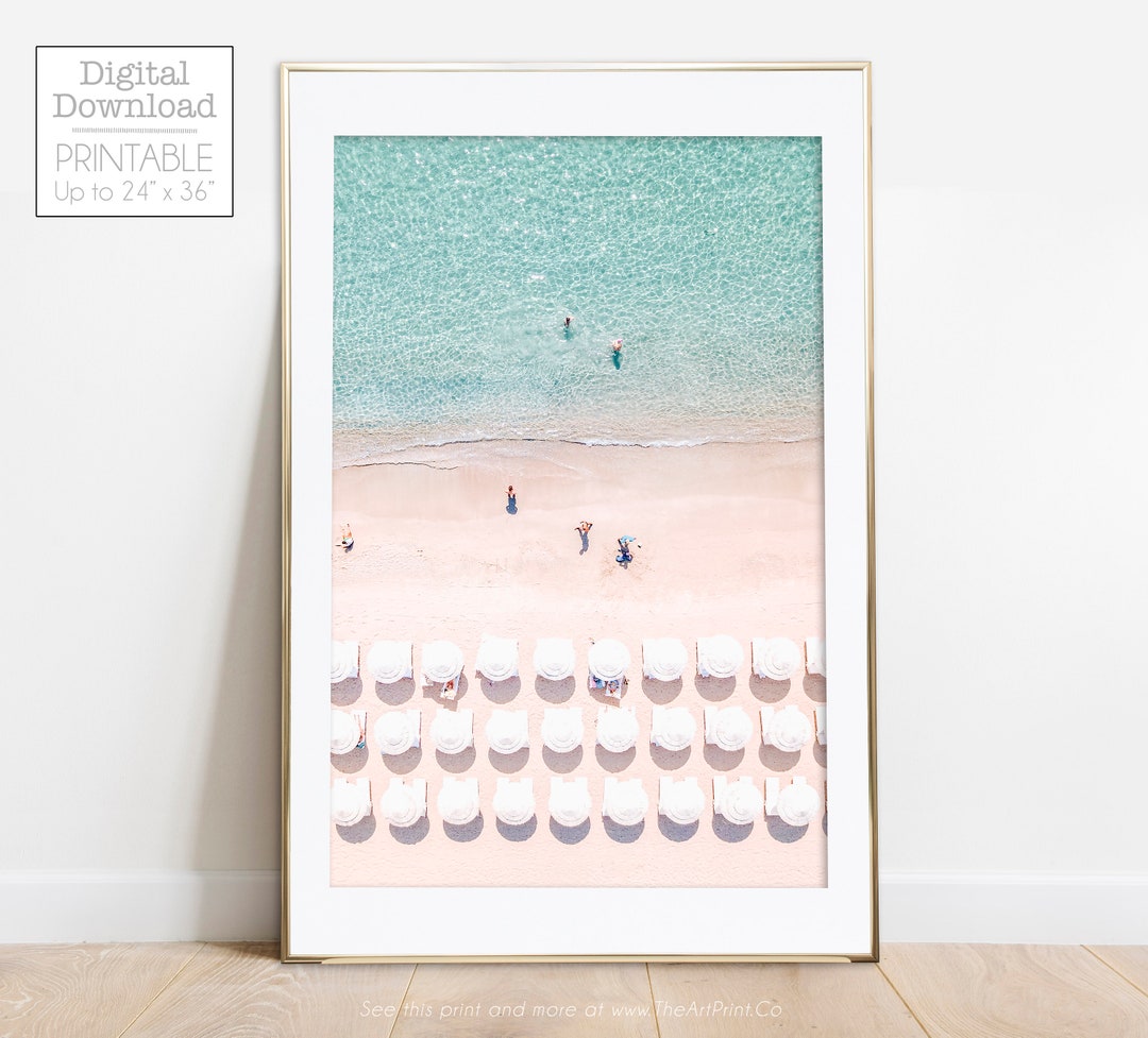 Coastal Wall Art Beach Umbrella Print, Summer Printable, Aerial Beach