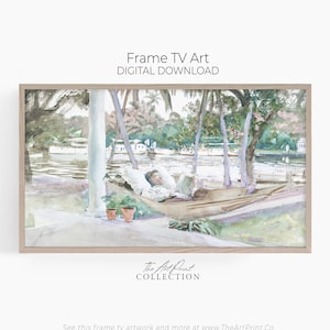 Samsung Frame TV Art, Vintage Coastal Painting, Shades of Green DIGITAL TV Art, Woman in Hammock