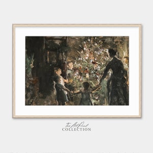 Vintage Christmas Art Print, Christmas Tree Print, Winter Painting, Dark Moody Christmas Painting, Antique Holiday Wall Art