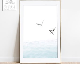 Coastal Print, Coastal Decor, Pastel Ocean Wall Art with Seagulls, Minimalist Style Large Poster Boho Beach Printable Art Nature Photo