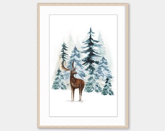 Christmas Trees Print, Holiday Wall Art, Christmas Printable, Holiday Decor, Christmas Sign Printable, Watercolor Deer in Winter Forest