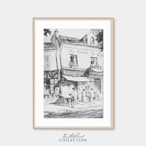 Vintage European Book Shop and Cafe Sketch, Antique Drawing Art Print, Digital PRINTABLE