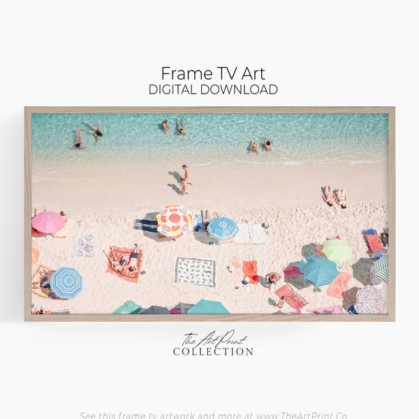 Aerial Beach Frame TV Art, Colorful Aerial Beach Print, Summer Wall Art, Beach Umbrellas From Above, Digital Download for Samsung Frame TV