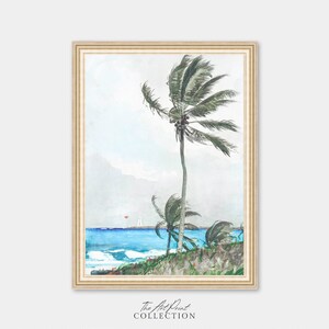 Vintage Tropical Palm Trees Print, Coastal Scenery Painting, Antique PRINTABLE Download