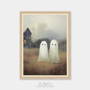 Ghosts Art Print, Halloween Art Print, Halloween Decor, Cute Ghosts in Field, Spooky Vintage Halloween, Printable Wall Art, Digital Download