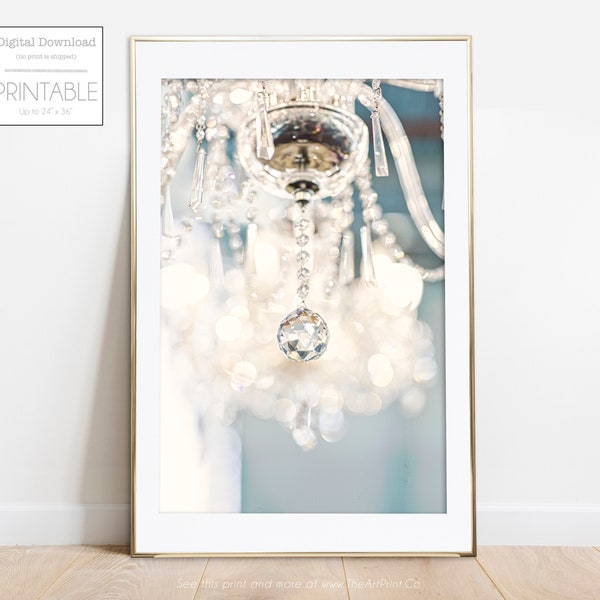 Chandelier Bokeh Photography Print, Light Blue Home Decor, Paris Themed Bedroom, Paris Decor, Large Abstract Wall Art