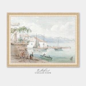 Stampa di mare smorzata, dipinto costiero europeo d&#39;epoca, stampabile digitale