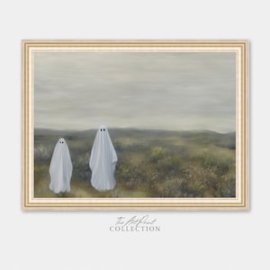 Geister Art Vintage Gemälde, Geister Dekor, Neutrales Halloween, Herbst Kunst, Vintage Landschaft, Gespenster in einem dunklen Feld, Herbst Dekor