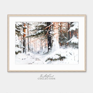 Rustic Snowy Winter Forest Painting, PRINTABLE Art, Christmas Farmhouse Decor, Digital Download
