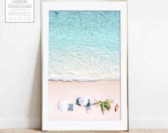 Aerial Beach Print, Printable Wall Art, White Beach Umbrellas, Beach Photography from Above, Beach Home Decor