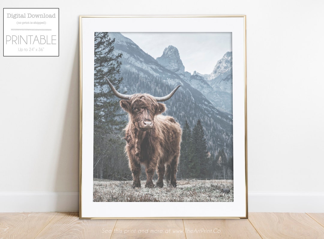 Highland Cow Print With Mountain Background, Cow Wall Art, Rustic Decor