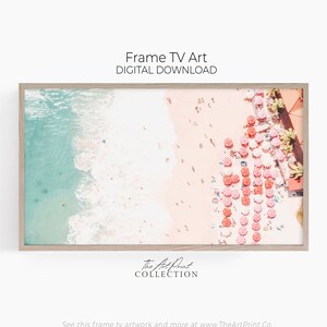 Luftbild Strandrahmen TV-Kunst, bunte Strandschirme, Strandfotografie von oben, Küstenwohnkultur für Frame TV, Samsung Frame Art