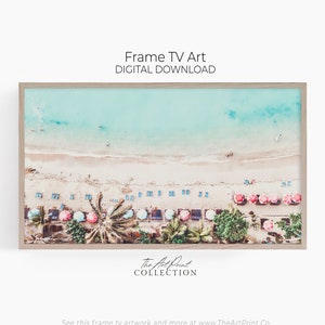 Arte aerea della TV con cornice sulla spiaggia, fotografia aerea della spiaggia con ombrelloni, arte murale costiera, arte murale estiva, arte per TV con cornice, arte con cornice Samsung