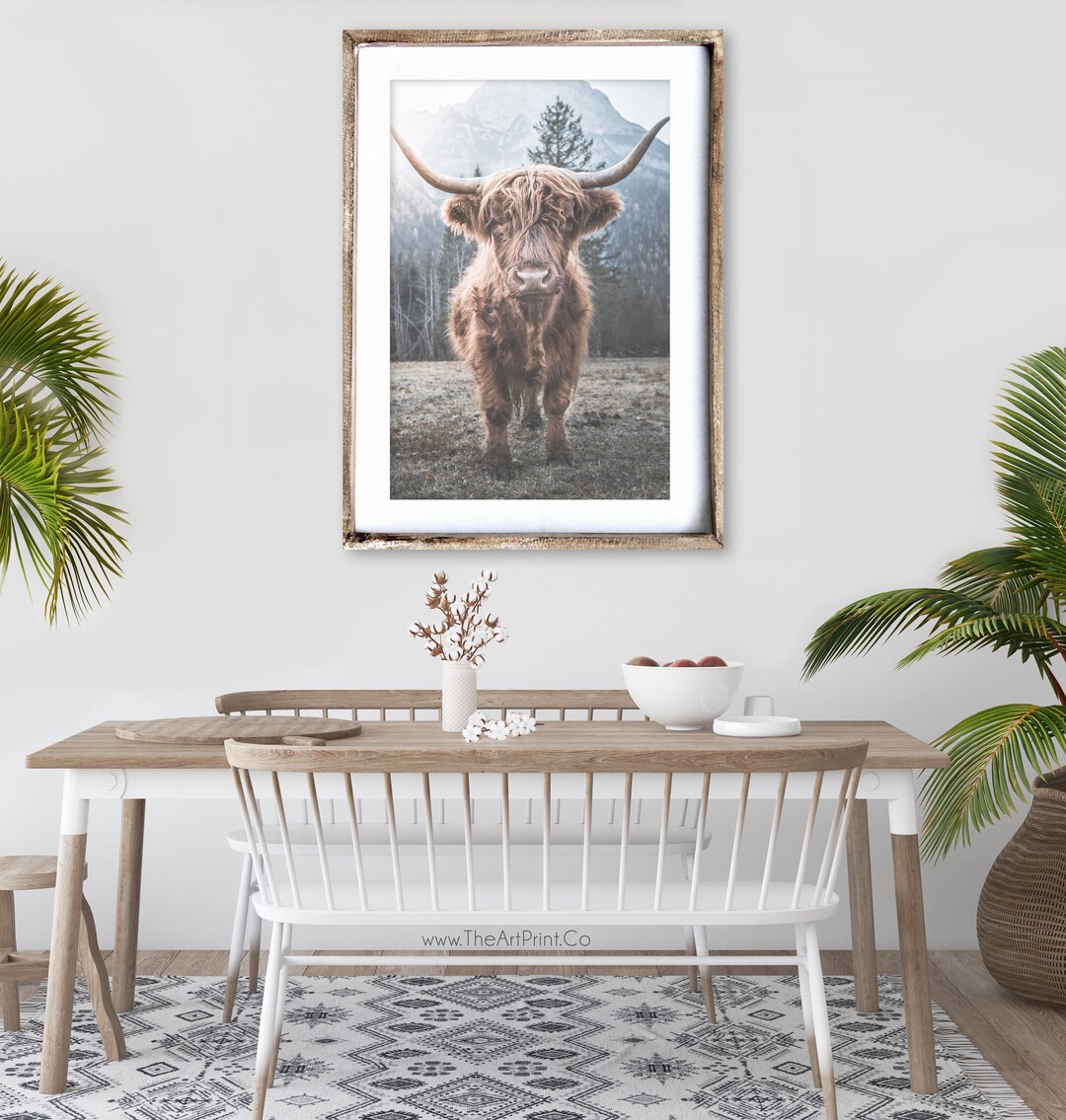 Highland Cow in the Mountains Wall Print, Farmhouse Decor, Rustic Wall