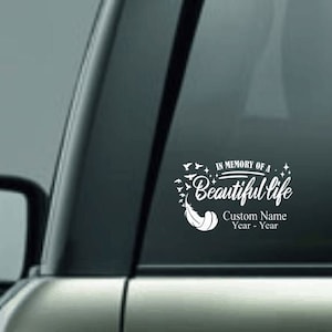 Personalized Car Memorial Car Decal, Custom Name Vinyl Decal, In Loving Memory Vinyl Decal, Feather Car Decal, Loving Memory Custom Name