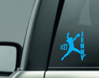 Softball Pitcher with Name and Number Decal, Personalized Softball Player Car Decal, Female Pitcher, Custom Vinyl Decal, Fastpitch Softball