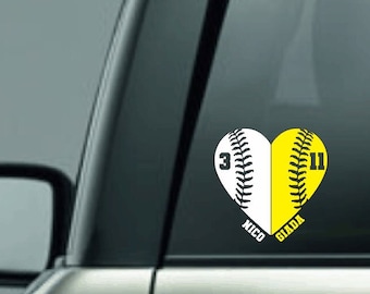 Baseball and Softball Heart, Personalized Baseball Softball Vinyl Decal, Custom Name, Custom Number, 2 Color Custom Baseball Softball Decal