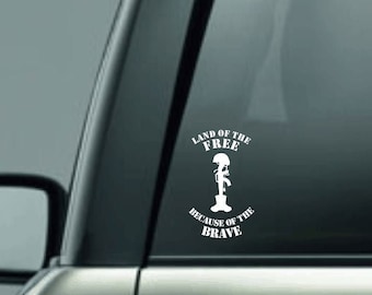 Land of the Free Because of the Brave Vinyl Car Decal, Military Support Decal, Combat Boots Decal, Rifle Decal, Fallen Soldier Vinyl Decal