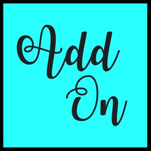 May include: A turquoise blue square with a black border. The text "Add On" is written in a black cursive font.