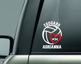 Personalized Volleyball Heart Car Decal with Player Name, Team Name & Number, CUSTOM Volleyball Decal, I Love Volleyball Vinyl Decal