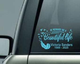 Personalized Car Memorial Car Decal, Custom Name Vinyl Decal, In Loving Memory Vinyl Decal, Feather Car Decal, Loving Memory Custom Name