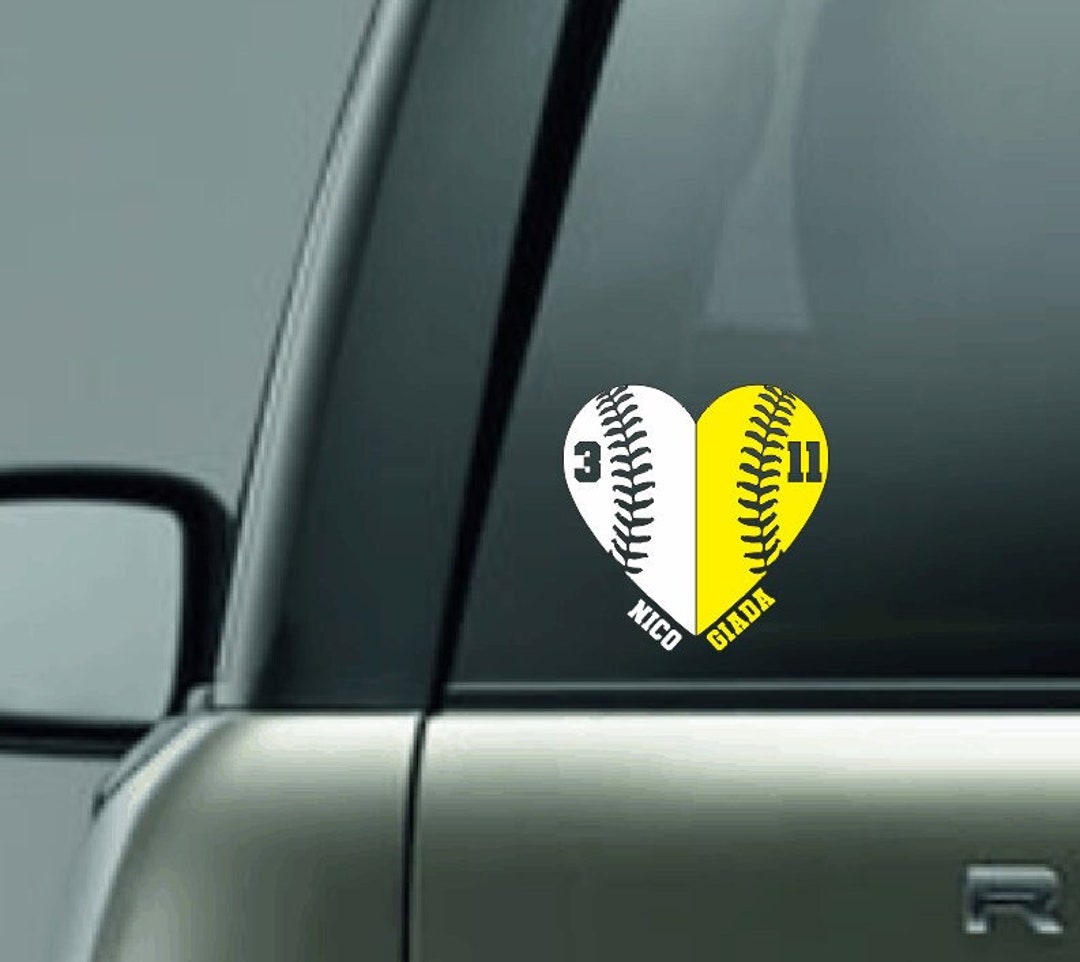 Baseball and Softball Heart, Personalized Baseball Softball Vinyl Decal