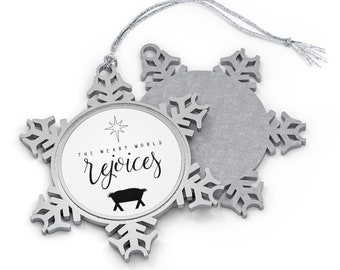 The Weary World Rejoices | Pewter Snowflake Ornament | Reason for the Season | Manger Scene Ornament | Christian Holiday Christmas Ornament