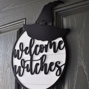 Welcome Witches Halloween Door Sign Decor White Backing