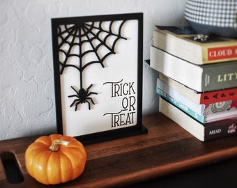 Halloween Decor Signs | Spooky Shelf Sitters | Spiderweb Sign | Trick or Treat | Simple Black and White Wood Minimalist Decor Halloween