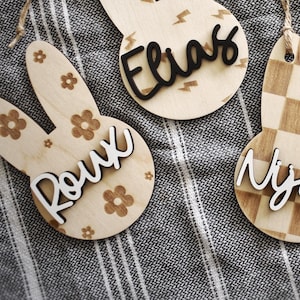 Personalized Bunny-Shaped Easter Basket Name Tag – Custom Engraved Wooden Name Tag – Checkered, Lightning Bolt, or Floral Pattern