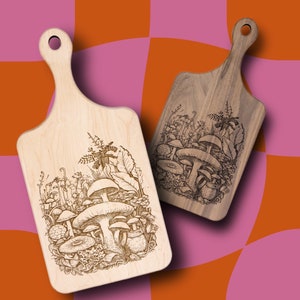 Engraved Mushroom & Foliage Cutting Board - Whimsical Kitchen Art - Housewarming Gift Eclectic Kitchen Decor Piece