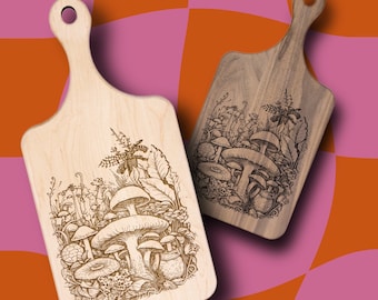 Graviertes Pilz & Laub Schneidebrett - Wunderliche Küchenkunst - Einweihungsparty Geschenk Eklektisches Küchen Dekorstück