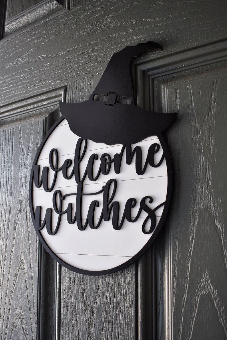Welcome Witches Halloween Door Sign Decor White Backing
