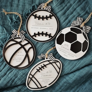 Custom Sports Ball Ornaments | Personalized Wooden Ornaments | Football, Baseball, Basketball, Soccer Ball Decor | Meaningful Holiday Gifts