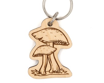 Garden Mushroom Wood Keychain - fungi, edible mushroom, shroom, foraging, spore, chanterelle, fairy tale,